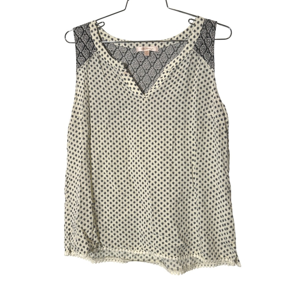Skies Are Blue Tank Top Womens Med Cream Black Anthropologie Pom Pom Mixed Print